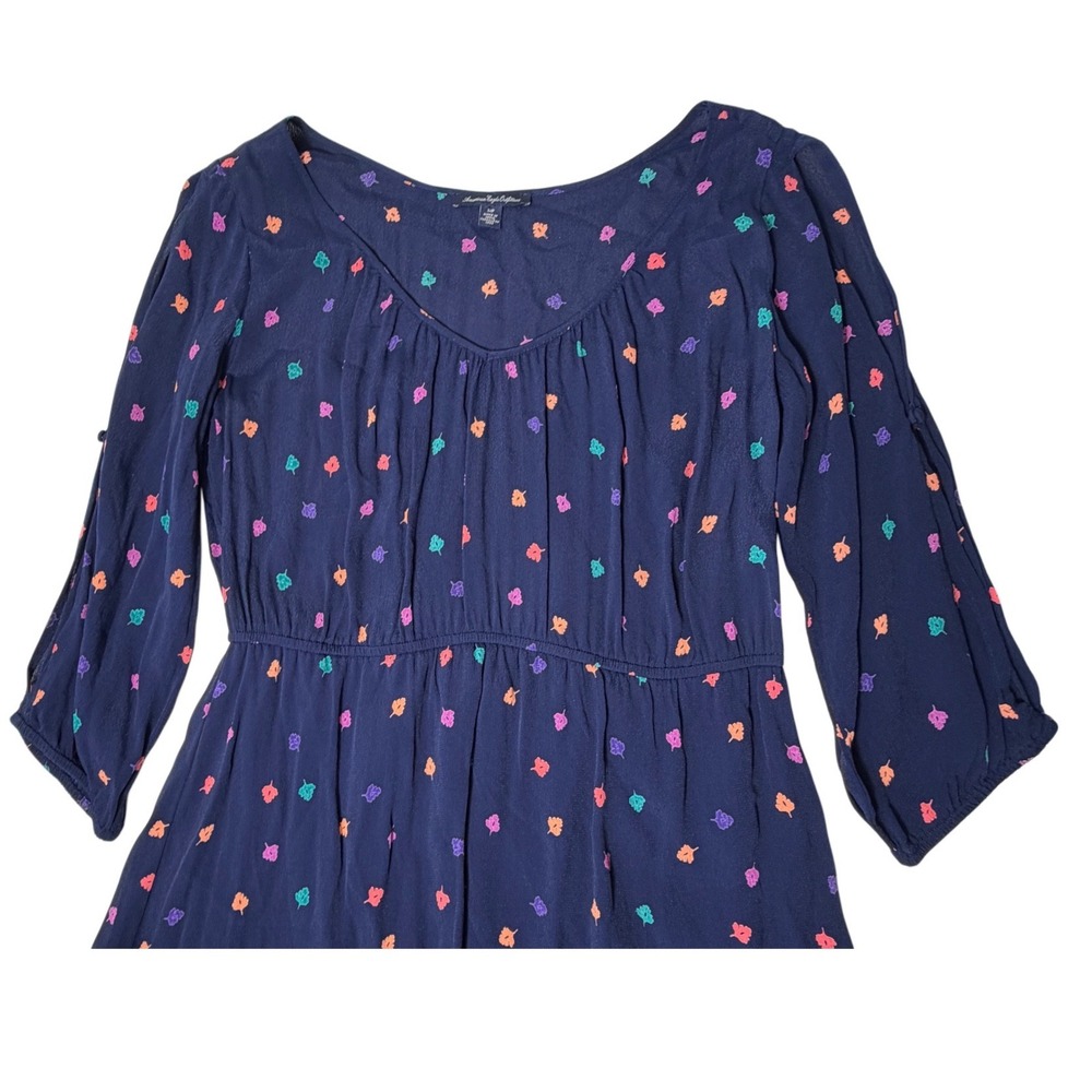 American Eagle navy v-neck leaf print mini dress 3/4 sleeve elastic waist Size-S - Picture 4 of 9